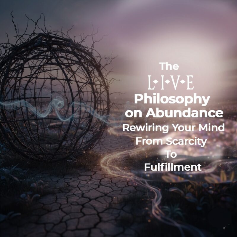bstract illustration showing the transition from a dark cage of scarcity to a glowing landscape of abundance. Text reads: The L.I.V.E. Philosophy on Abundance: Rewiring Your Mind From Scarcity To Fulfillment.